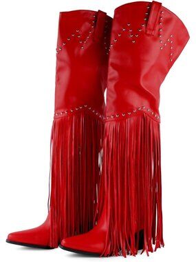 〽️Women's Knee-Calf Faux Fur Boot Red studded Faux Leathe Furry Heelr Round Toev